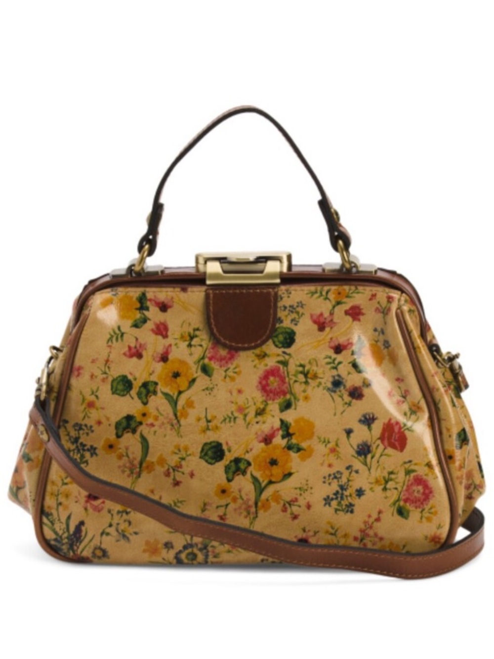 Patricia Nash Gracchi Prairie Rose Tan Framed Leather Satchel Xbody Floral